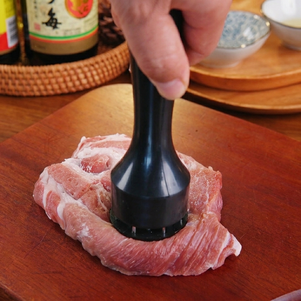 Una mano usa un batticarne nero su un pezzo di maiale marmorizzato su un tagliere di legno.
