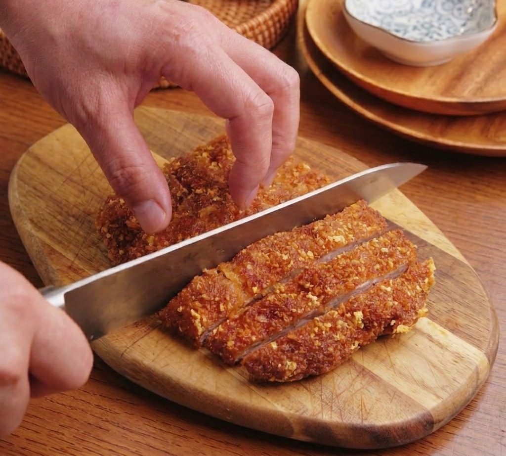 Mani che usano un grosso coltello per tagliare il tonkatsu dorato a strisce su un tagliere.