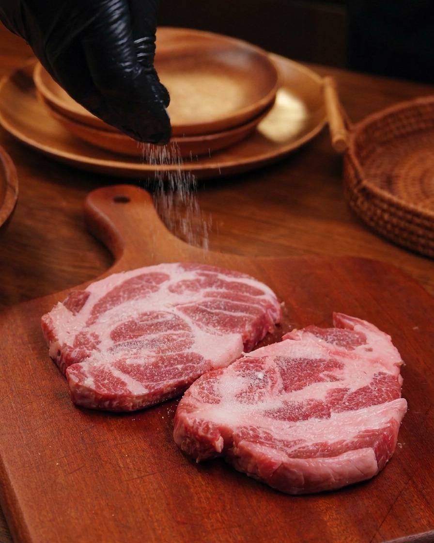 Sale che viene sparso dallalto su due pezzi di coppa di maiale cruda appoggiati su un tagliere di legno.