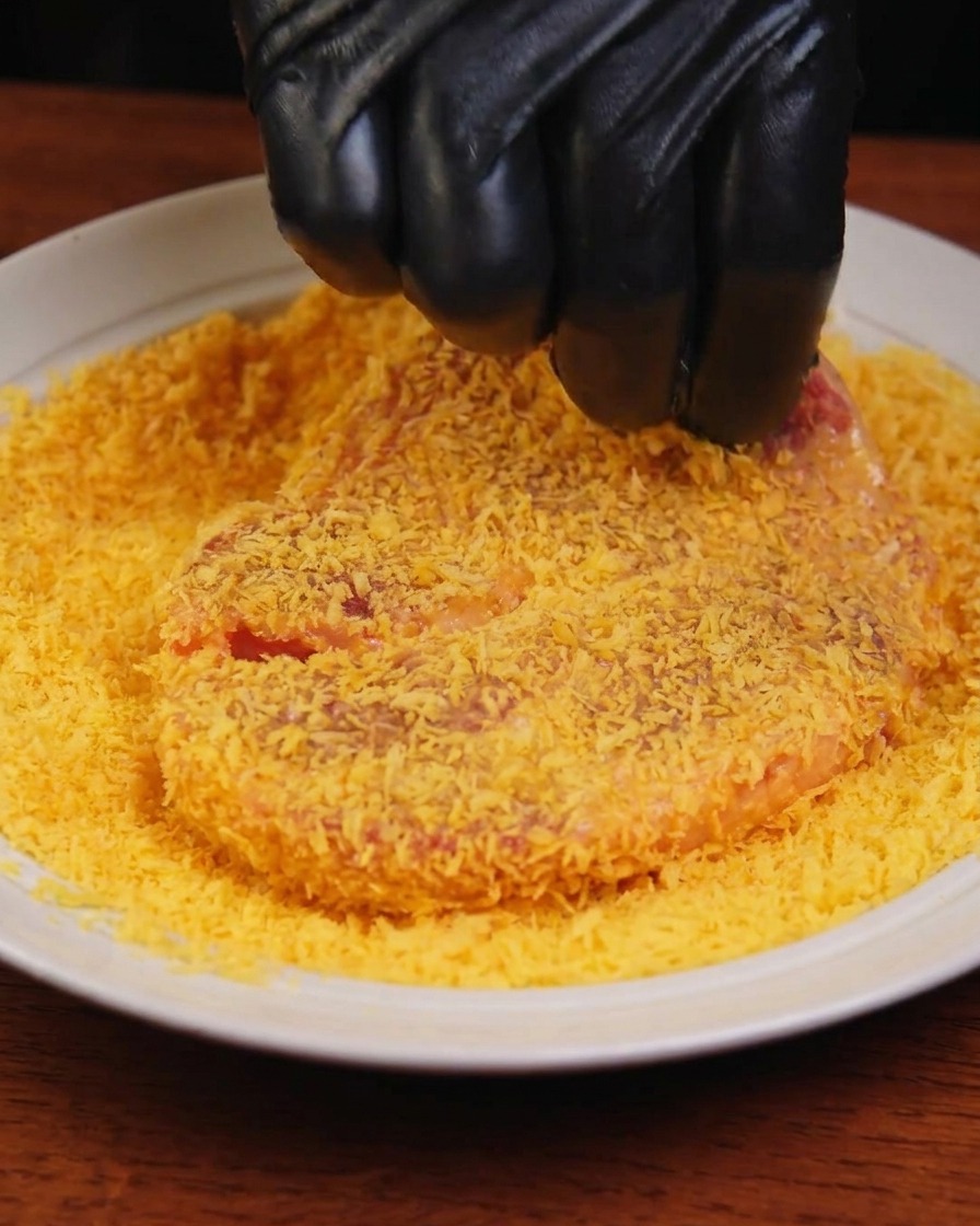 Una mano che preme un pezzo di maiale in un abbondante letto di pangrattato panko giallo su un piatto bianco.