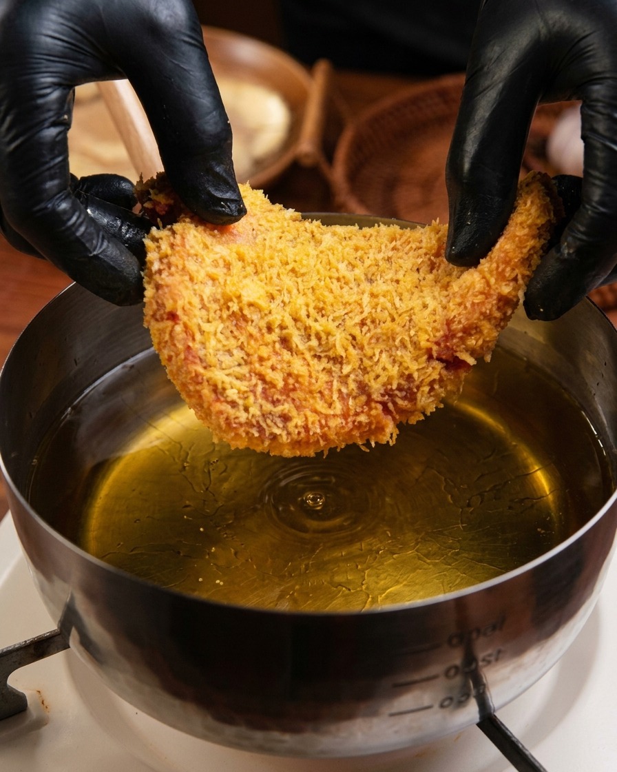 Una mano guantata che adagia delicatamente una cotoletta impanata nel panko in una pentola dacciaio con olio caldo e sfrigolante.