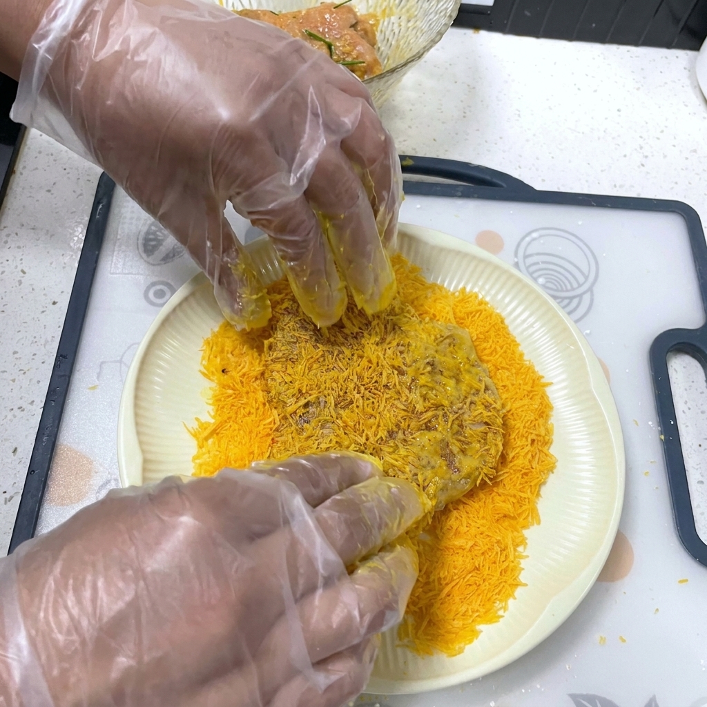 Mani guantate che premono un pezzo di maiale in un letto di pangrattato giallo su un piatto bianco.