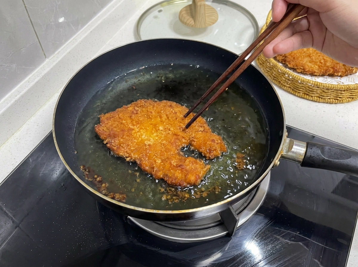 Bacchette di legno che tengono una cotoletta fritta marrone dorato in una padella di olio bollente.