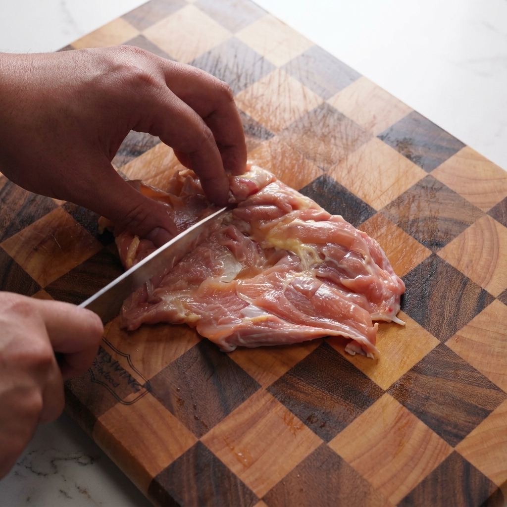 Primo piano di un coltello che effettua tagli diagonali superficiali sulla polpa di una sovracoscia di pollo.