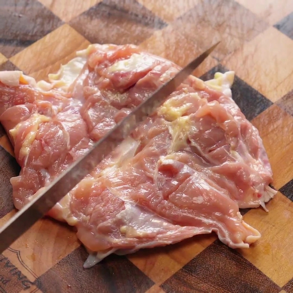 Dorso di un coltello da cucina utilizzato per battere e appiattire una sovracoscia di pollo cruda.