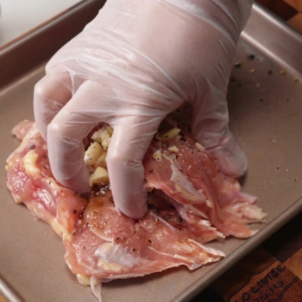 Mano con guanto che massaggia aglio e pepe sulle sovracosce di pollo in una teglia di metallo.