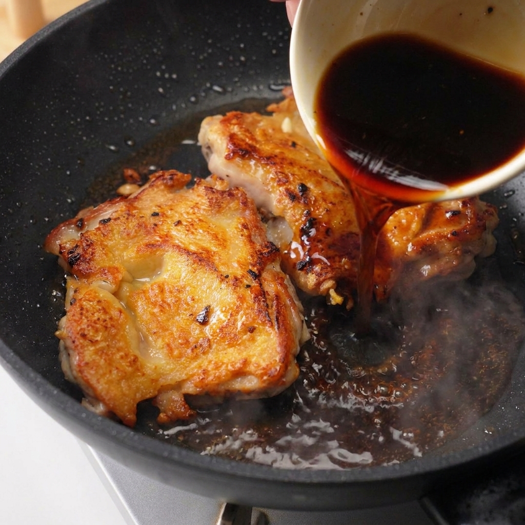 Salsa marrone scuro versata da una ciotola di ceramica sul pollo in una padella nera.