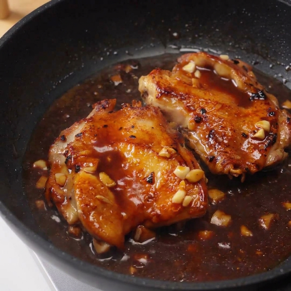 Due sovracosce di pollo nappate con una salsa scura e lucida arricchita da pezzetti di aglio.