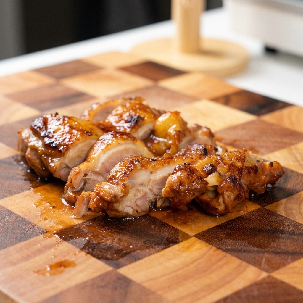 Sovracoscia di pollo glassata tagliata a strisce regolari su un tagliere di legno.