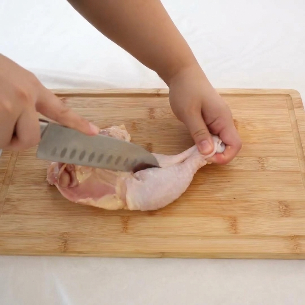 Mani che usano un coltello affilato per rimuovere con cura losso centrale da una sovracoscia di pollo cruda su un tagliere.