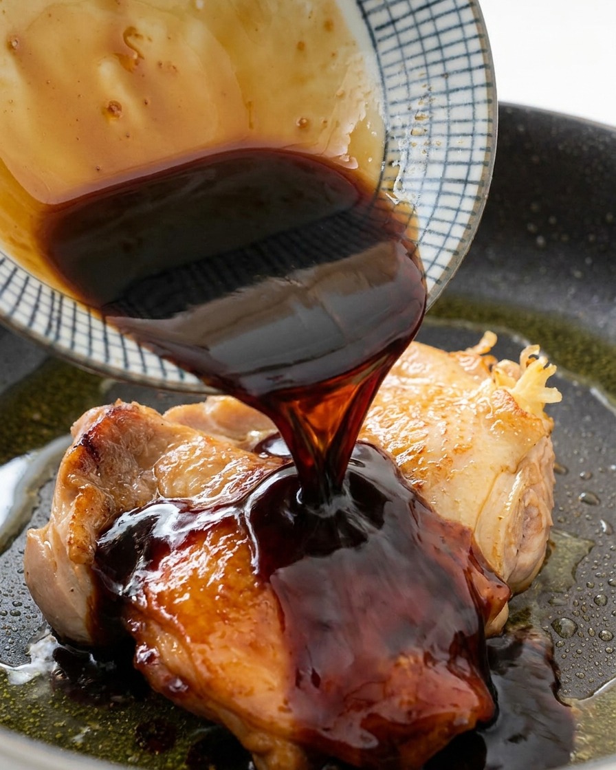 Una glassa al miele scura e lucida versata da una ciotola di ceramica decorata sulle sovracosce di pollo rosolate in padella.