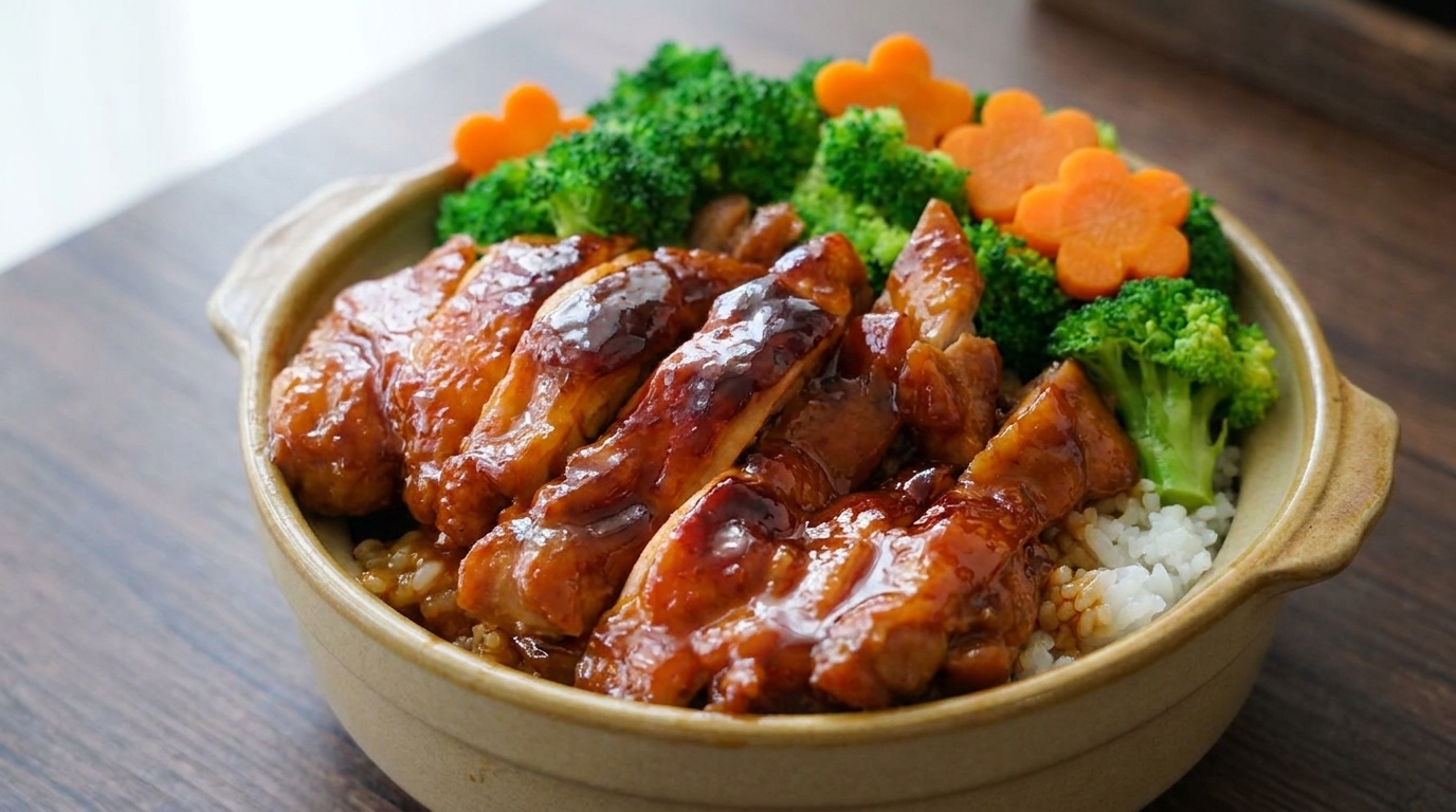 Pollo glassato al miele su letto di riso al vapore