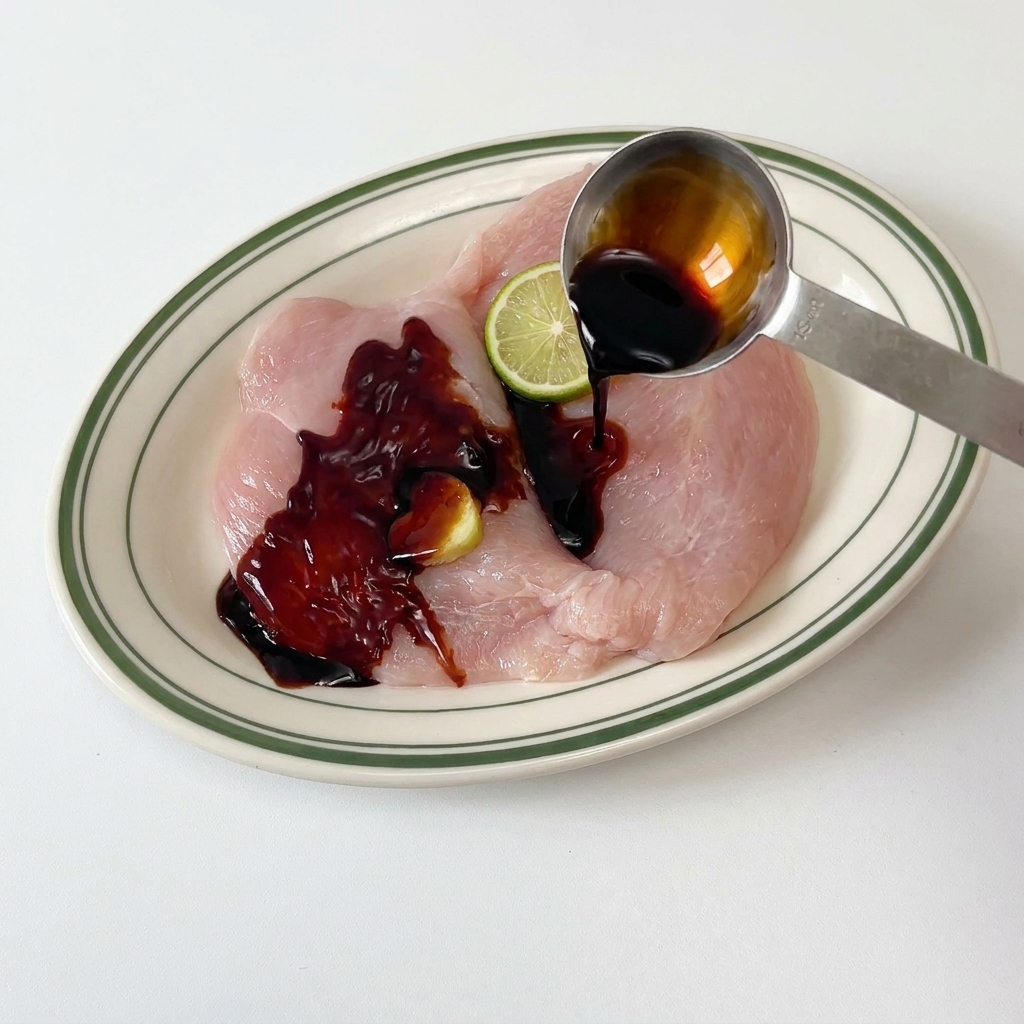 Un cucchiaio di metallo versa salsa di soia scura su fette di pollo crudo condite con zenzero e pepe su un piatto bordato di bianco e verde.
