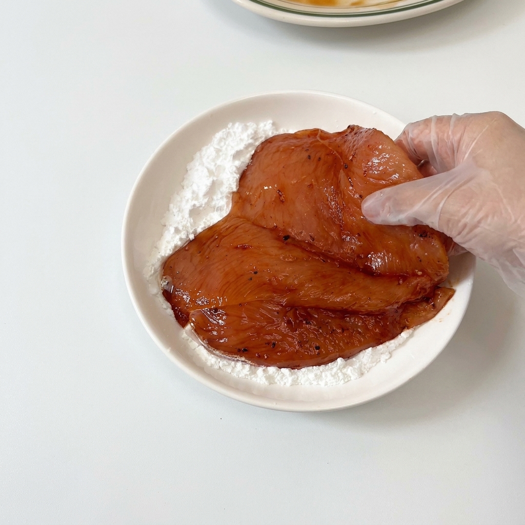 Una mano guantata che preme un petto di pollo marinato in un piatto piano riempito di amido di mais bianco.