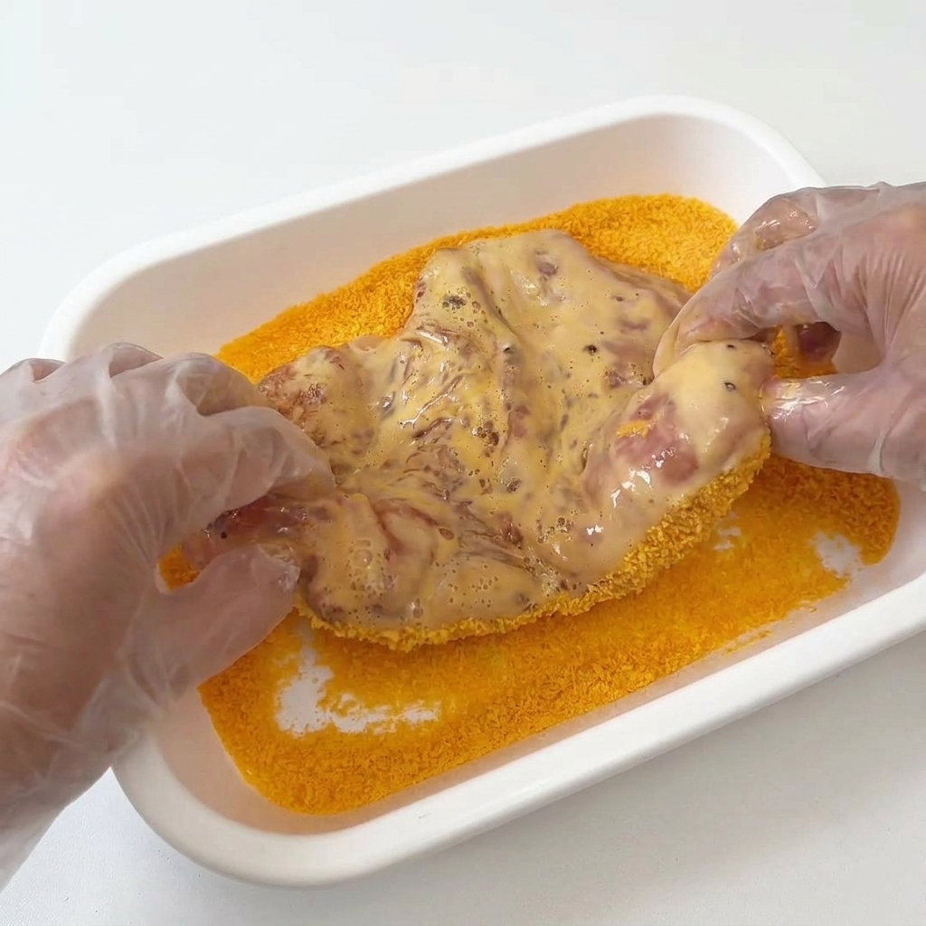 Mani guantate che premono con forza un petto di pollo bagnato nelluovo su un letto di pangrattato panko dorato in una teglia rettangolare.
