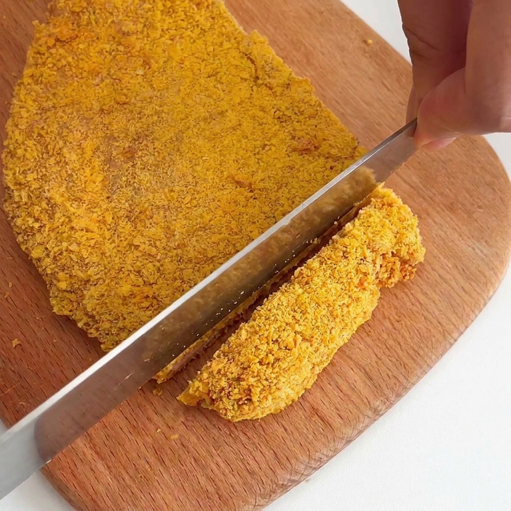 Una mano che usa un coltello per tagliare una cotoletta di pollo impanata e dorata in strisce spesse su un tagliere di legno.
