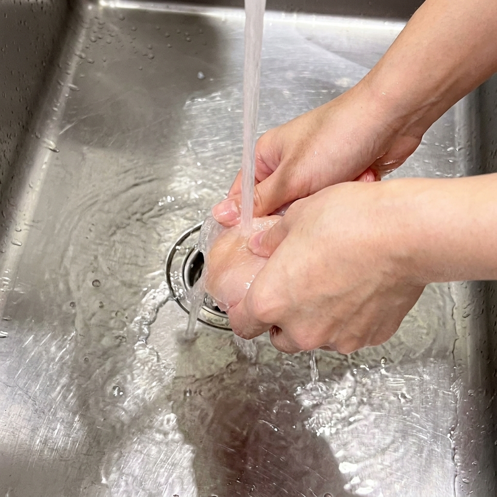 Mani che tengono un petto di pollo crudo sotto un getto dacqua corrente fredda in un lavandino dacciaio.