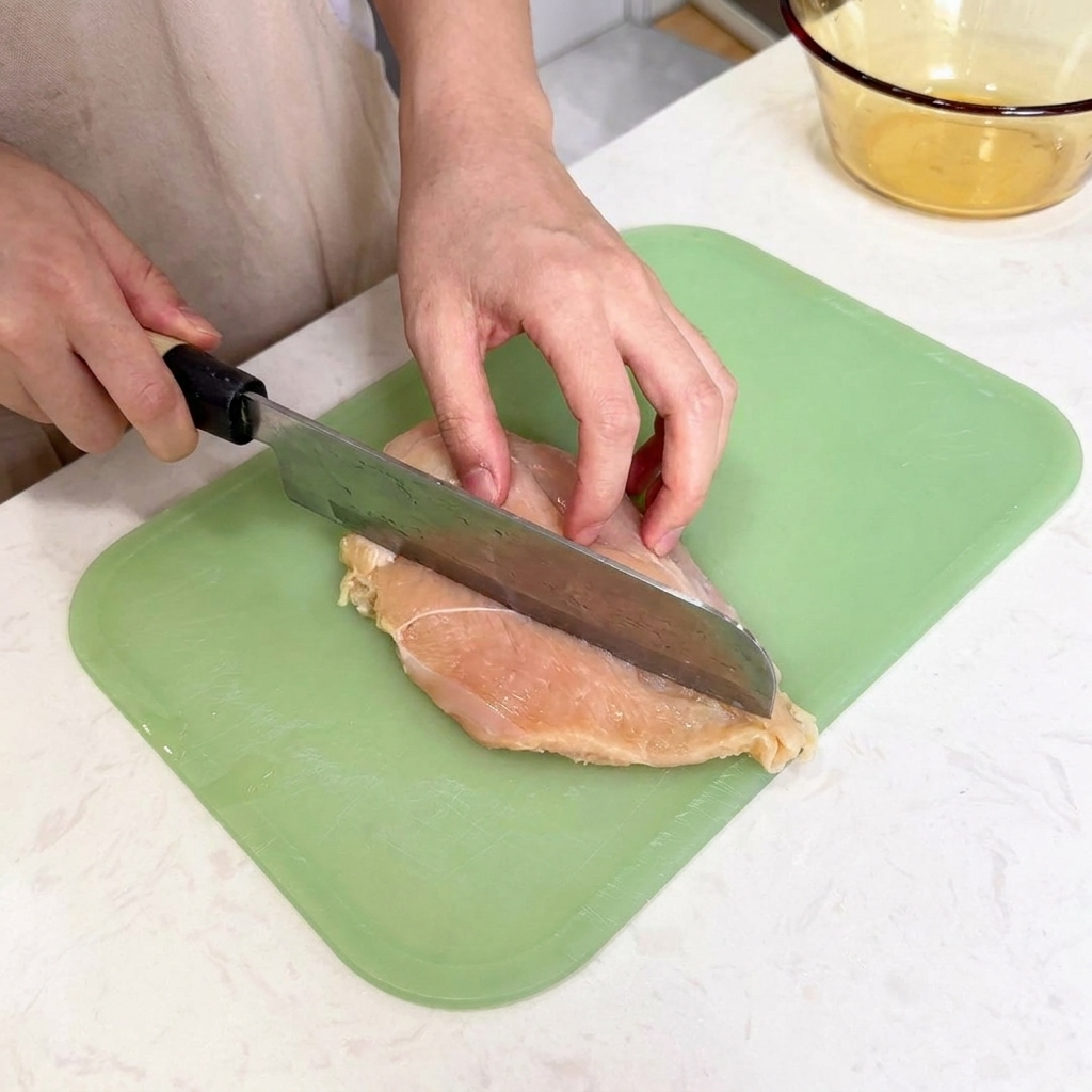 Un coltello da cucina che taglia orizzontalmente il lato di un petto di pollo per creare un taglio a farfalla.