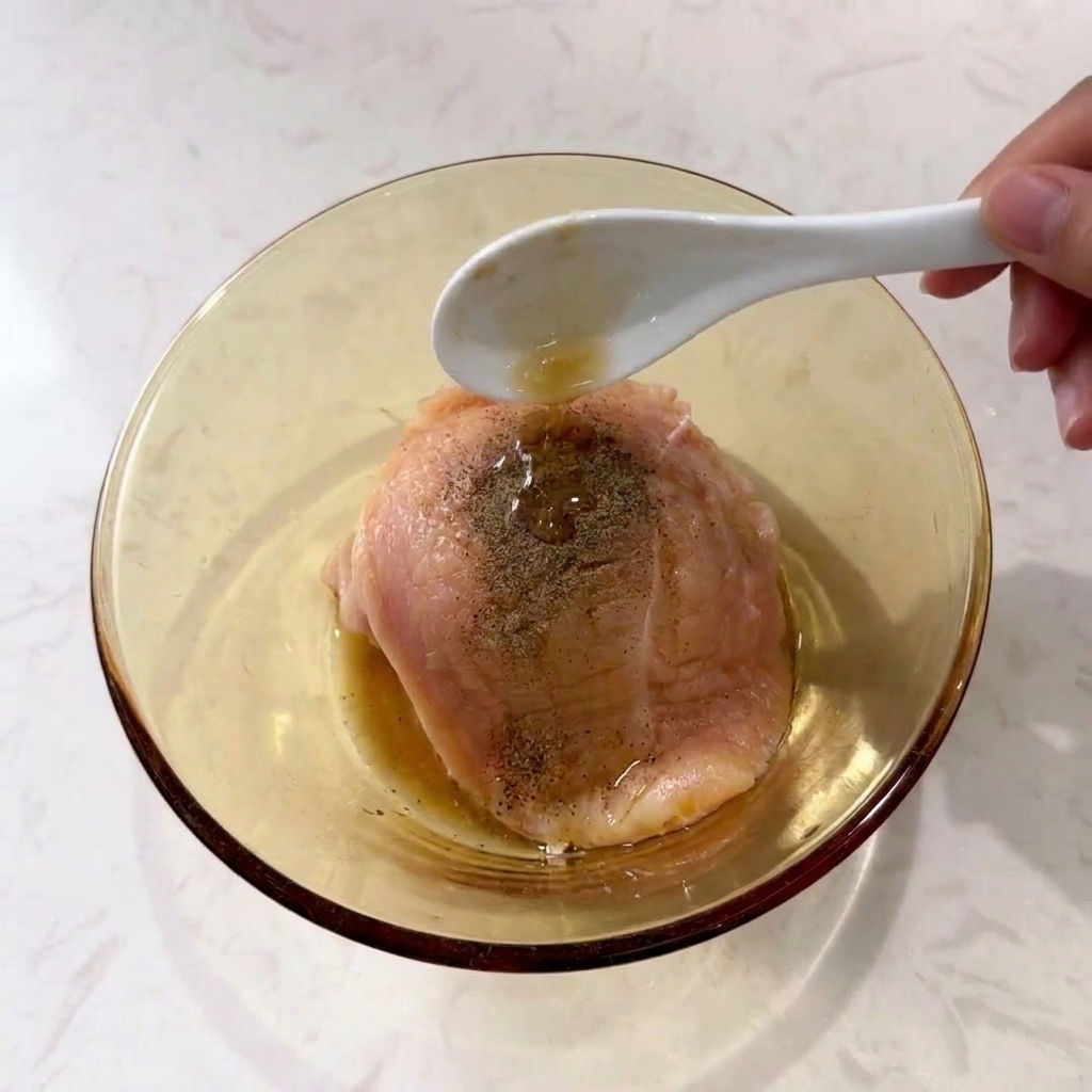 Un cucchiaio che versa condimento liquido su un petto di pollo ricoperto di pepe nero in una ciotola di vetro.