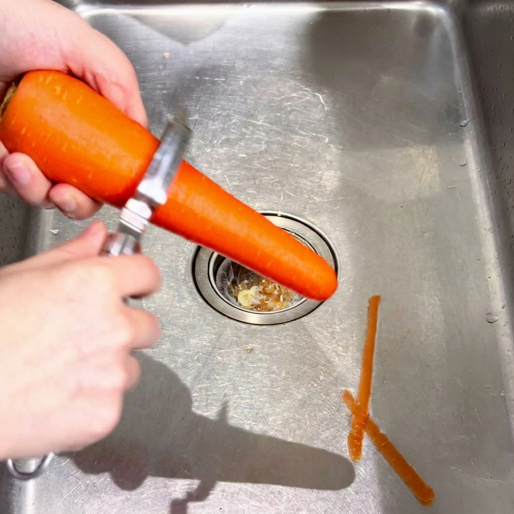 Mani che tengono una carota e un pelapatate sopra un lavandino, con alcune strisce di buccia già rimosse.