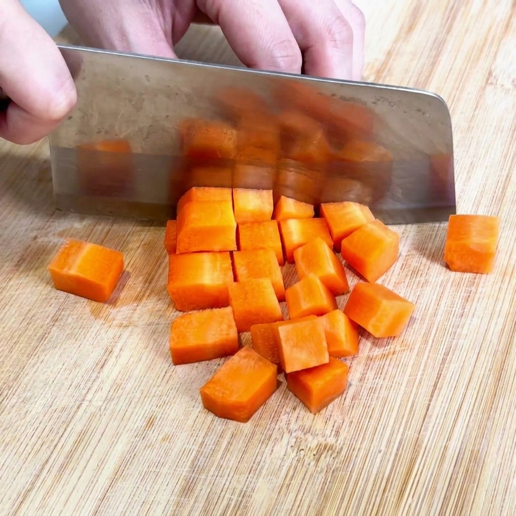Un coltello da chef che taglia una carota arancione in piccoli cubetti regolari su un tagliere di legno.