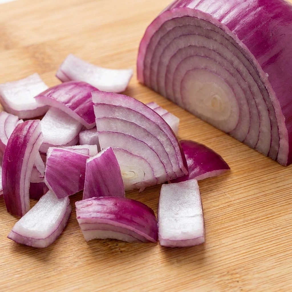 Metà cipolla rossa su un tagliere accanto a un mucchietto di pezzi di cipolla appena tritata.