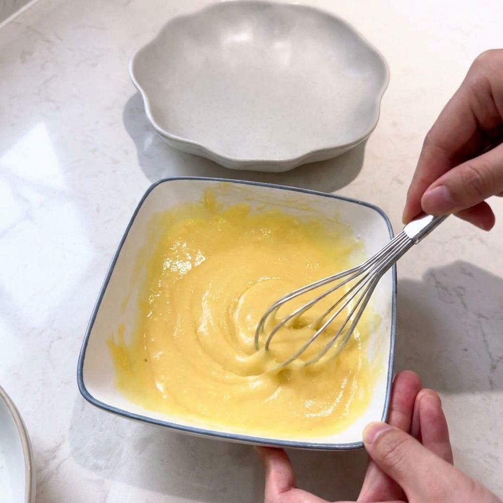 Una frusta di metallo che mescola una pastella gialla di uovo e farina in una ciotola di ceramica bianca.