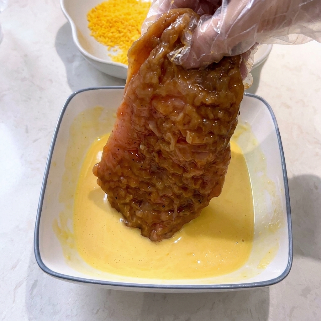 Una persona che indossa un guanto di plastica mentre immerge il pollo marinato in una ciotola di pastella gialla.