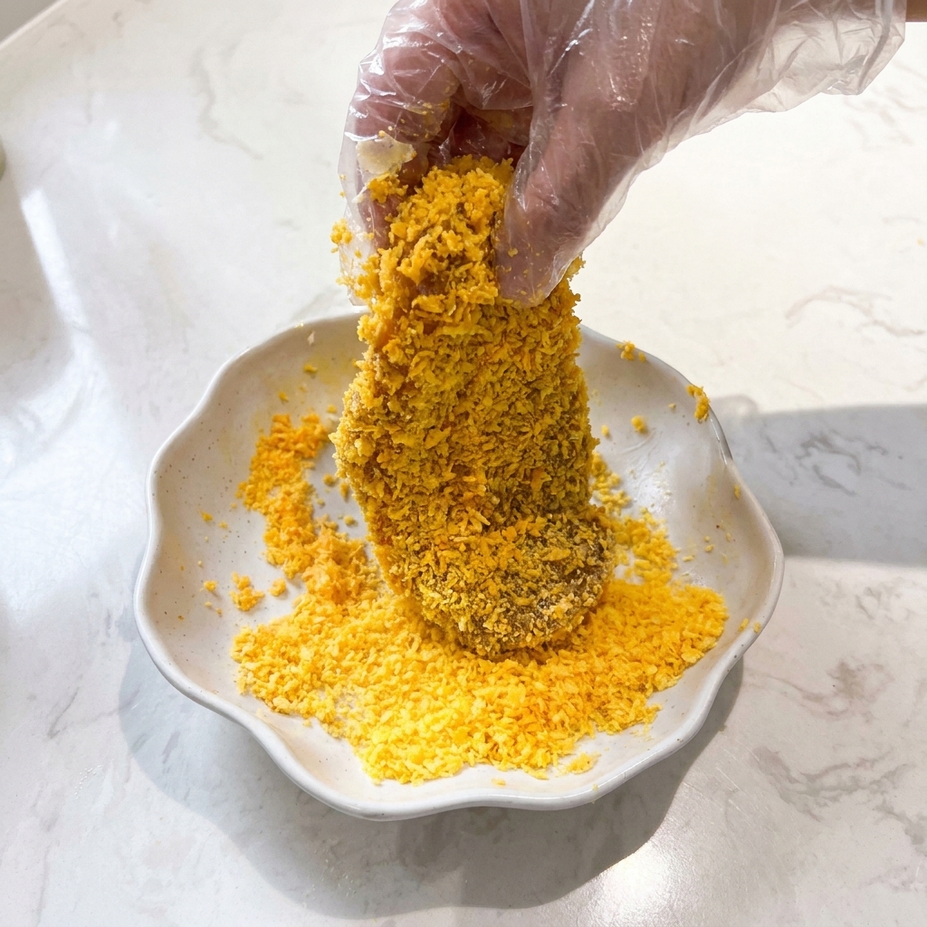 Una mano che preme il pollo pastellato in un mucchio di pangrattato panko dorato.