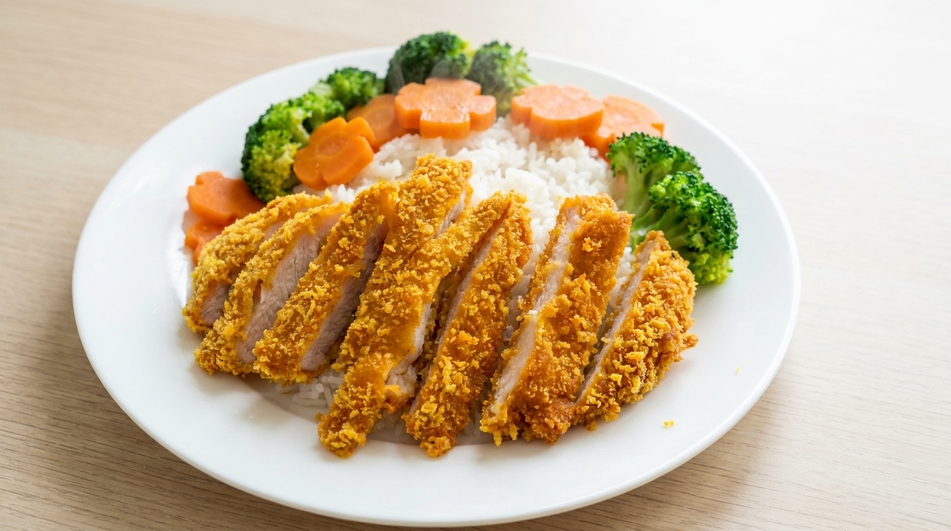 Chicken Katsu Croccante con Riso e Verdure Decorative
