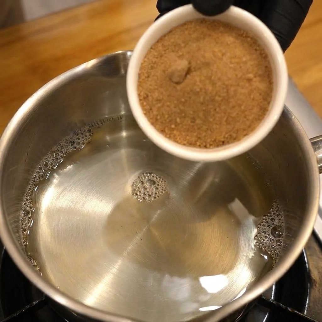 Una ciotolina bianca di zucchero di canna versata in un pentolino con aceto di riso limpido.
