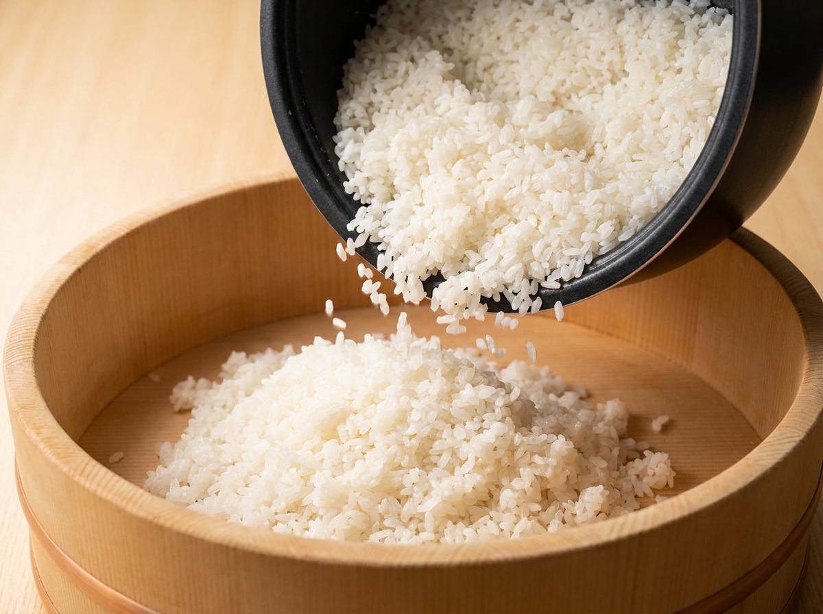 Riso bianco cotto al vapore versato da un cuociriso in un contenitore di legno circolare per sushi.
