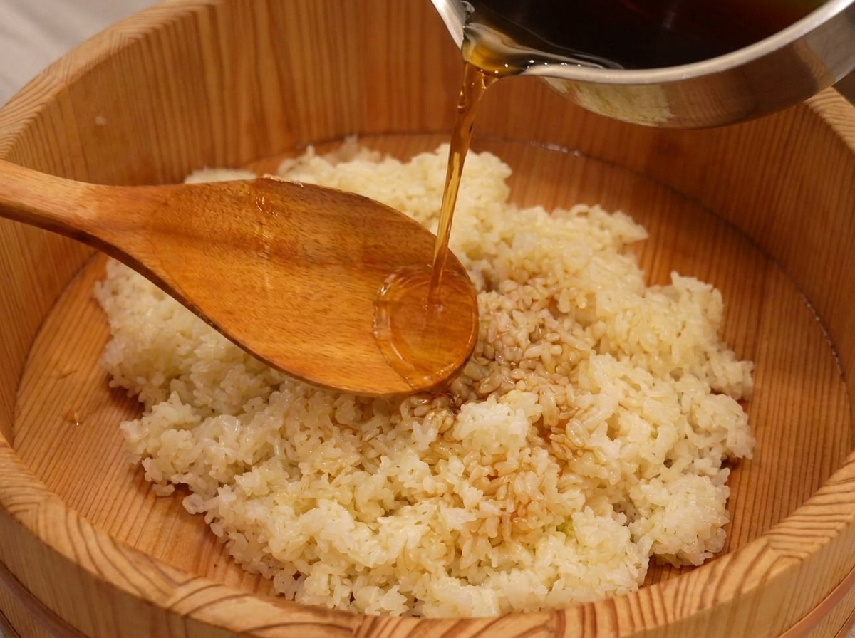 Aceto per sushi versato da un pentolino di acciaio su un mucchio di riso bianco caldo in un contenitore di legno.