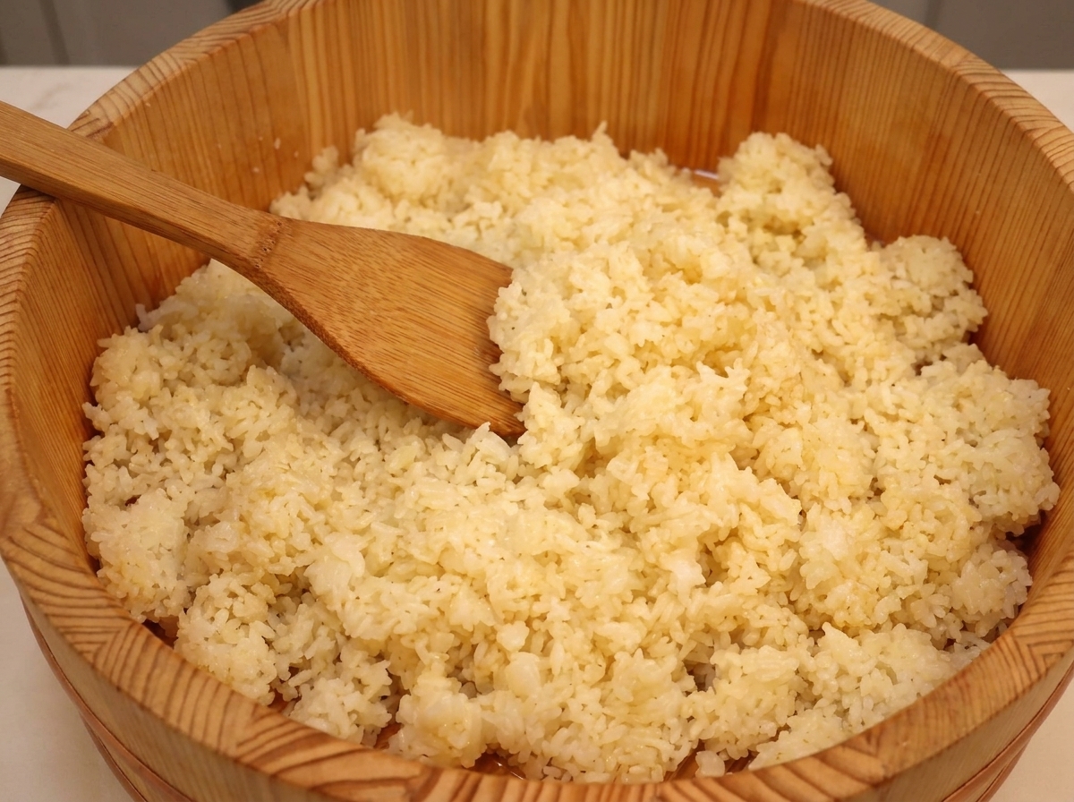 Una spatola di legno che taglia e gira il riso condito allinterno di un hangiri di legno.
