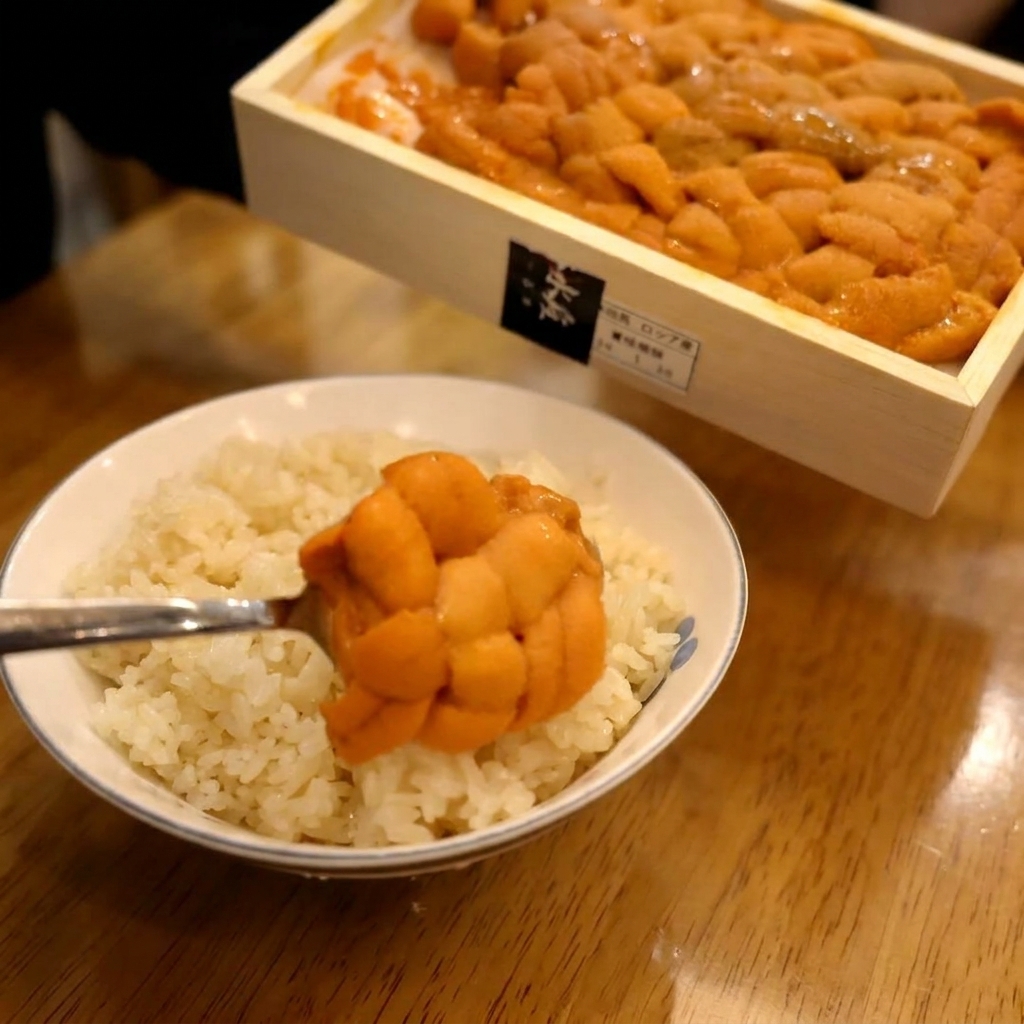 Un cucchiaio che dispone ricci di mare e uova di salmone su una ciotola di riso con una fetta di lime.