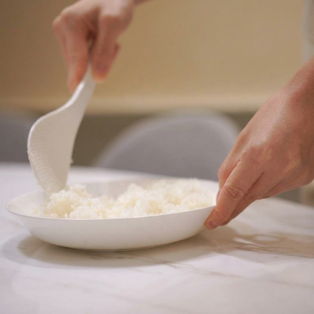 Una persona versa aceto per sushi da un piccolo contenitore su un piatto di riso bianco cotto e soffice.