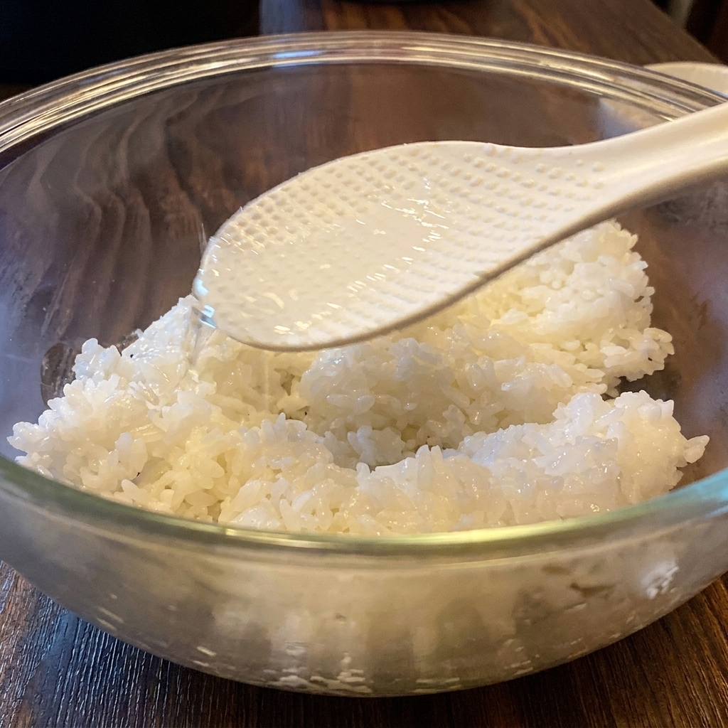Aceto per sushi trasparente versato su una spatola per riso tenuta sopra una ciotola di riso bianco cotto.