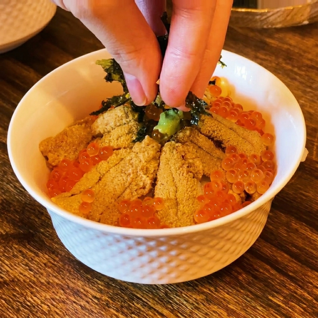 Dita che cospargono alga nori scura sminuzzata sopra la ciotola di sushi con ricci e uova di salmone.