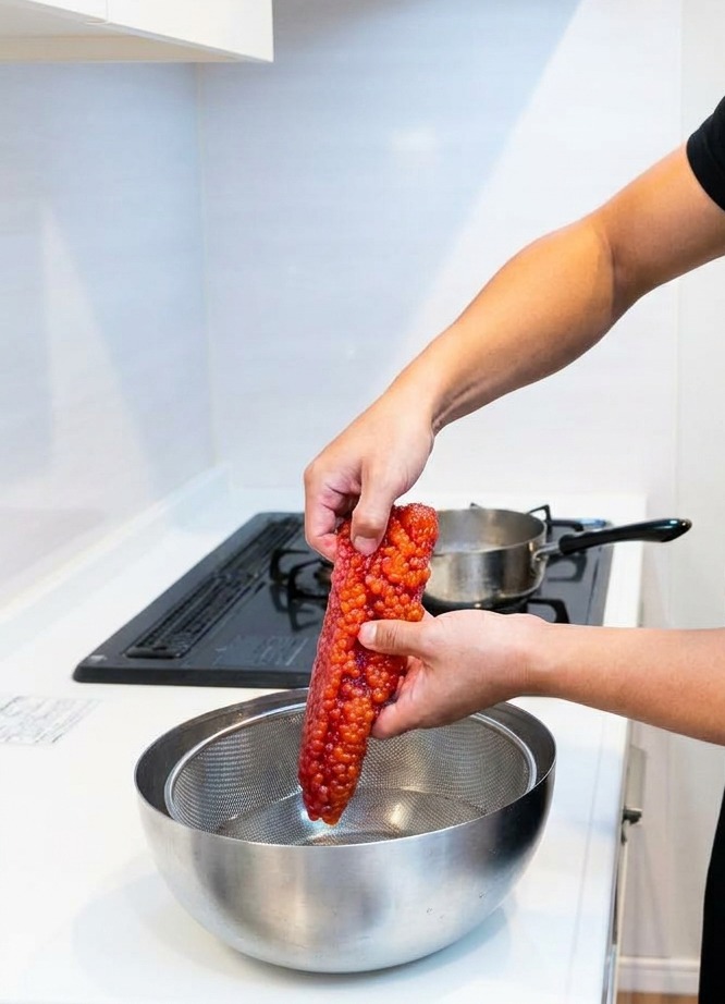 Un lungo sacco di uova di salmone arancione tenuto sopra una ciotola di acciaio con acqua tiepida in una cucina luminosa.