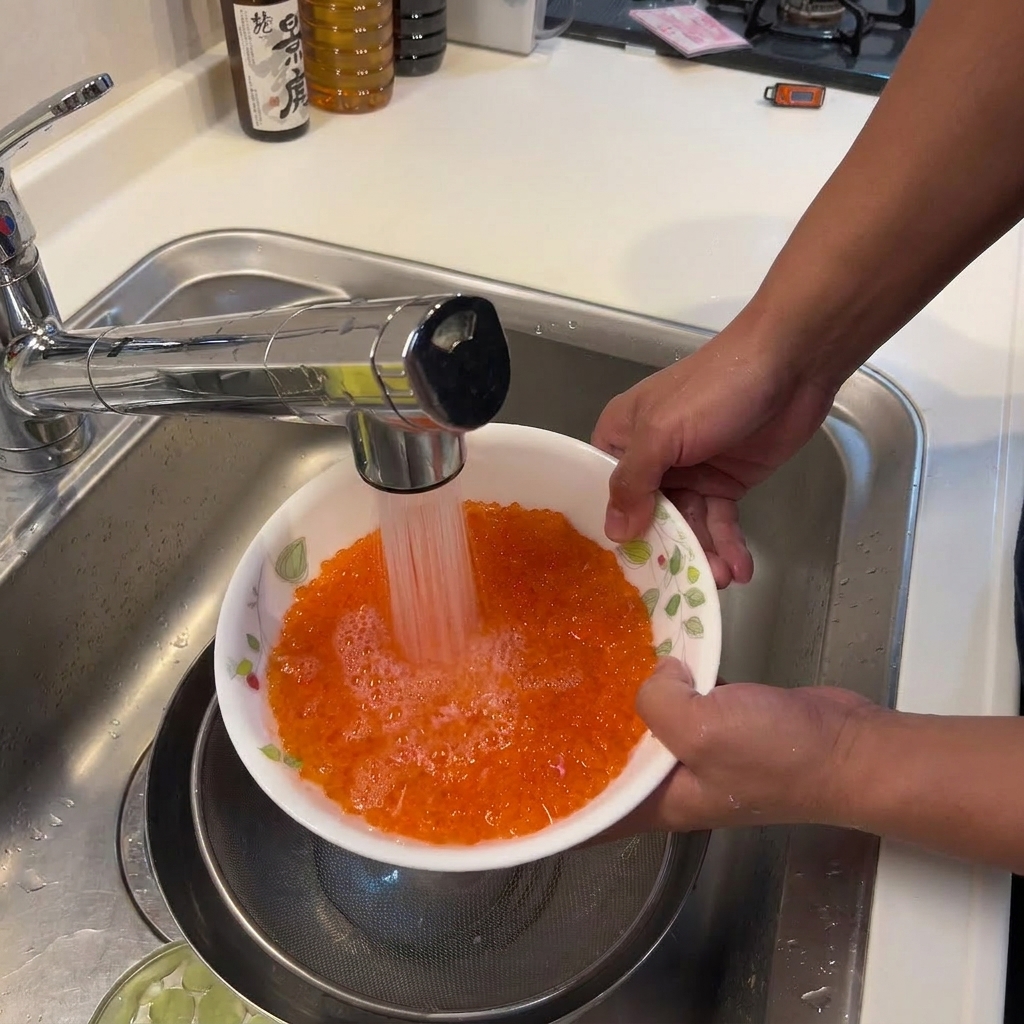 Primo piano di centinaia di uova di salmone arancioni in una ciotola bianca mentre vengono sciacquate sotto il rubinetto.