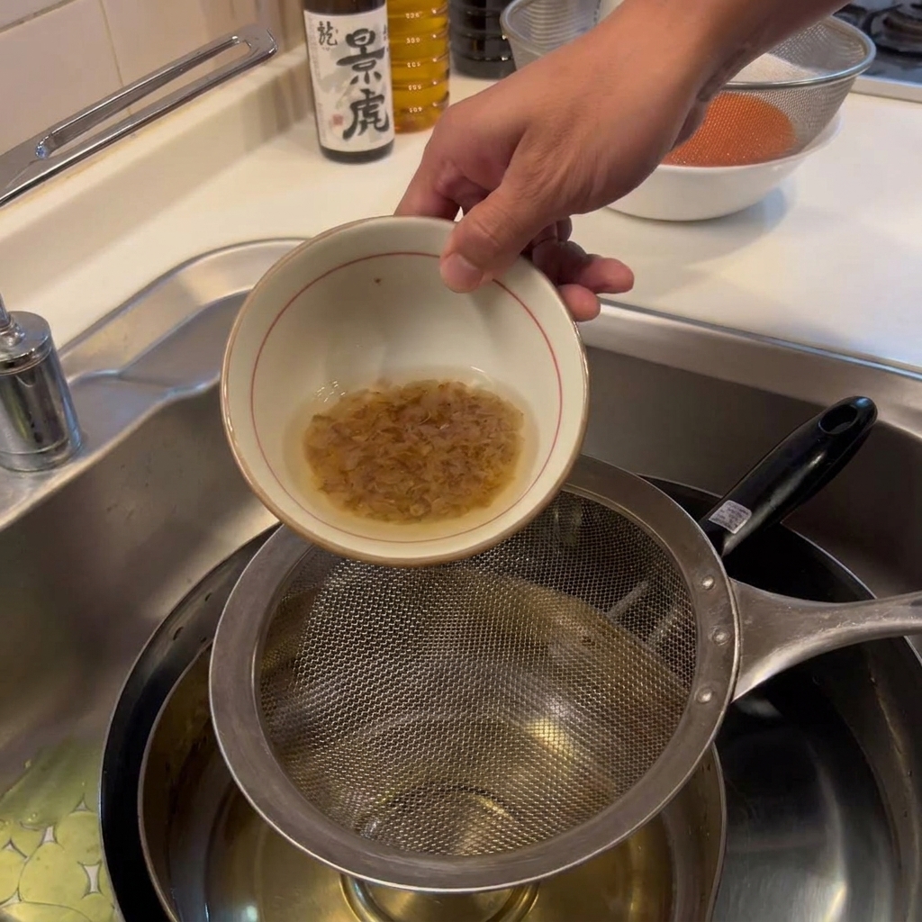 Una persona che filtra un liquido dorato attraverso un colino per rimuovere i fiocchi di bonito, versandolo in un pentolino nel lavello.