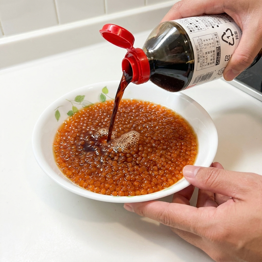 Salsa di soia scura versata da una bottiglia su una ciotola piena di uova di salmone pulite e arancioni.