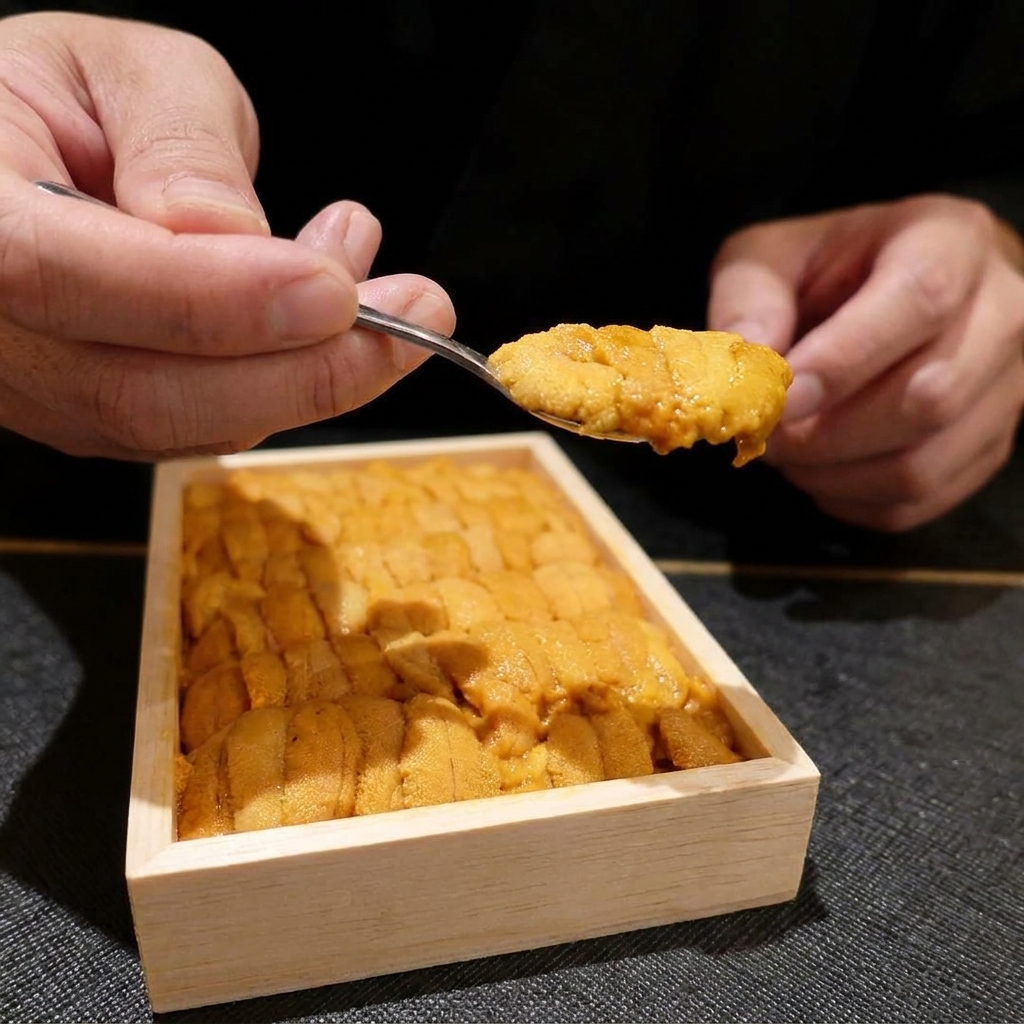 Un cucchiaio che preleva ricci di mare arancioni da una scatola di legno per adagiarli sulla ciotola di riso.
