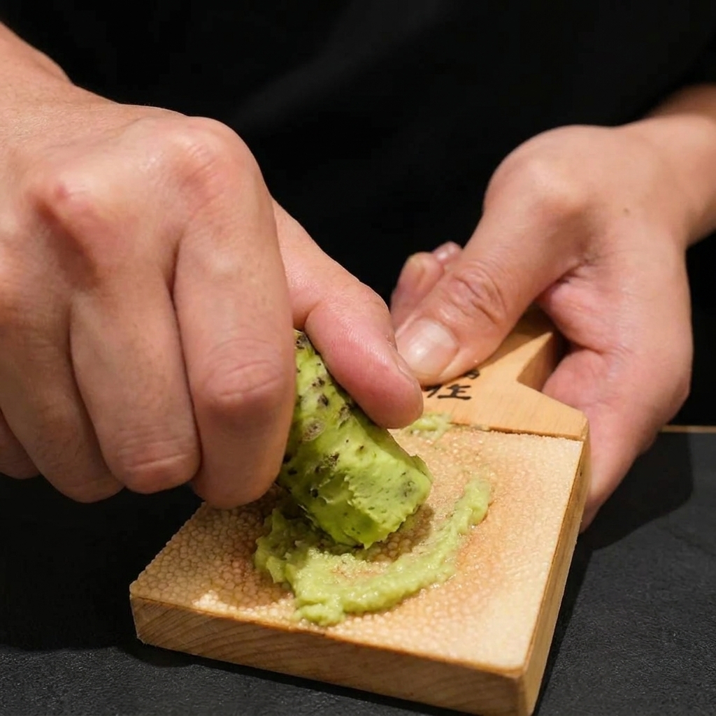 Radice di wasabi verde fresca grattugiata con movimento circolare su una grattugia tradizionale in legno.