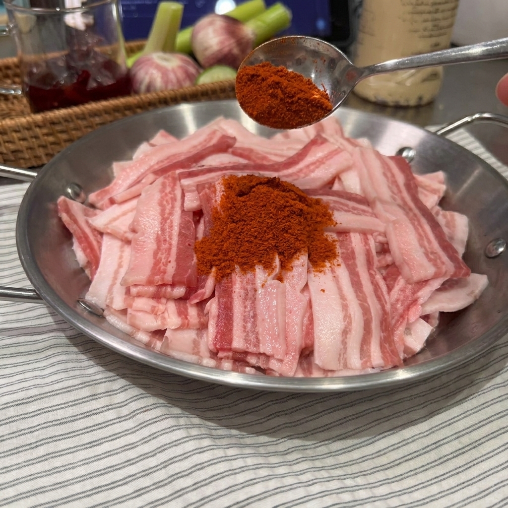 Primo piano di un cucchiaio che versa polvere di condimento rossa su fette di pancetta di maiale cruda in una ciotola dacciaio.