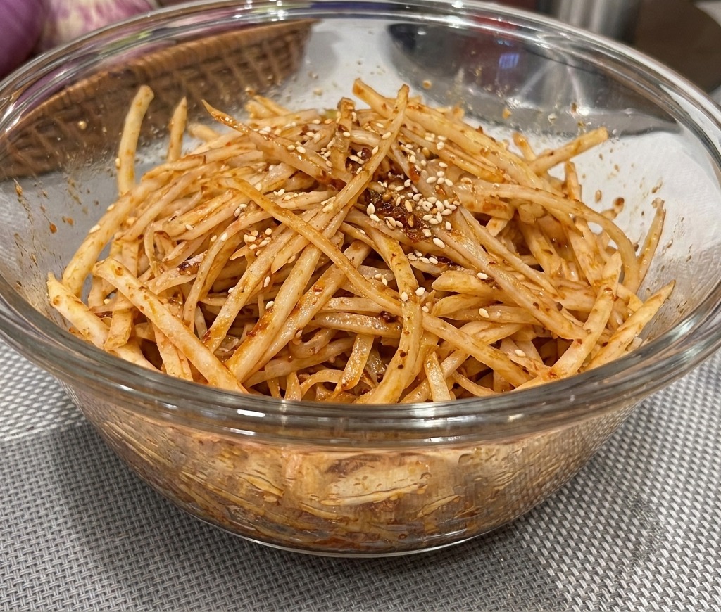 Insalata di cipollotti piccante condita in una ciotola di vetro, con un colore rosso vibrante e semi di sesamo in superficie.