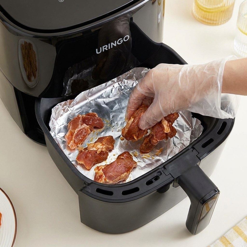 Una mano guantata che posiziona pezzi di pancetta marinata bruna su un cestello della friggitrice foderato di alluminio.