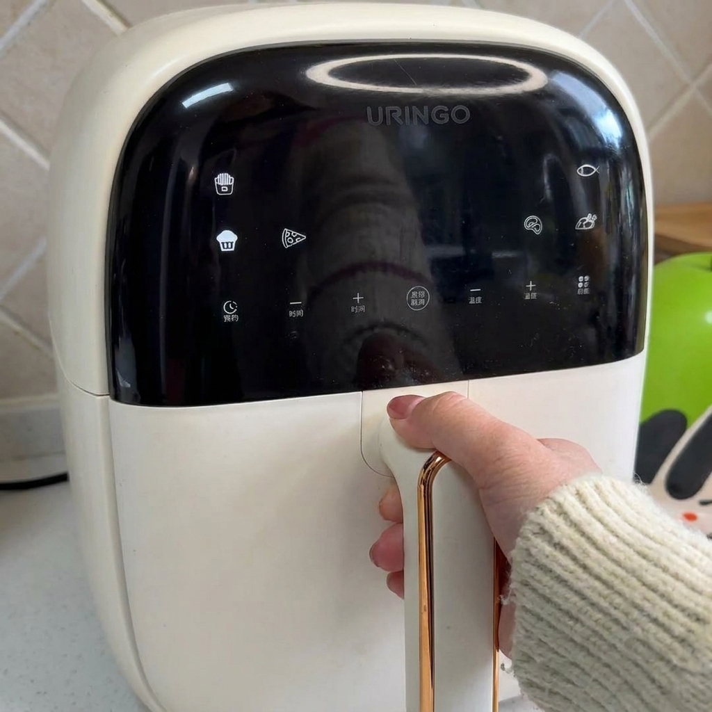 Una mano che tocca la maniglia di una friggitrice bianca con display digitale che mostra diverse icone di cottura.