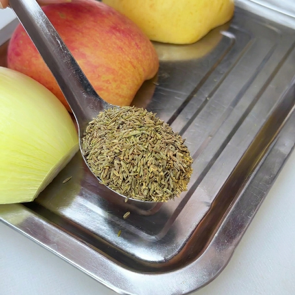 Un cucchiaio di metallo pieno di semi di cumino interi sospeso su un vassoio di frutta e cipolla fresche.
