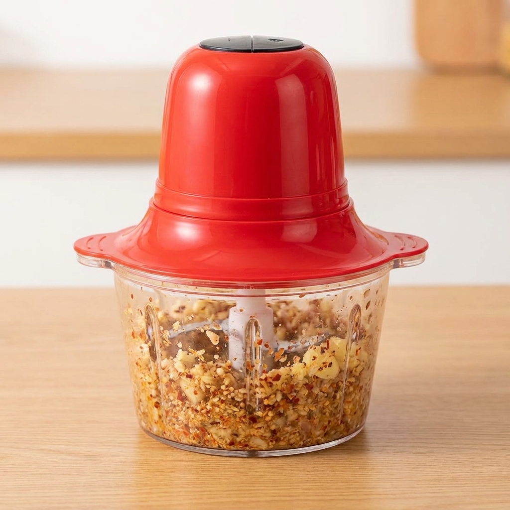 Un robot da cucina rosso contenente una marinatura rossa densa e corposa.